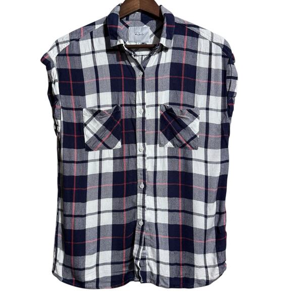 Rails Tops - Rails Britt Plaid short sleeve rolled cuff rayon blouse white navy pink small